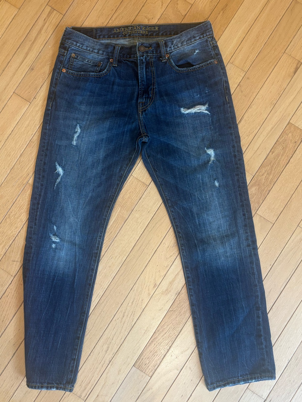 American Eagle Outfitters Slim Straight Distressed Dark Blue Jeans